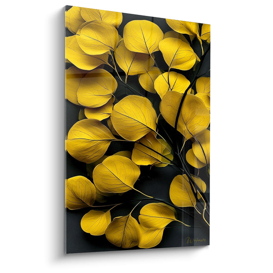 Tableau Feuilles rondes jaunes et noires veinées - Branches entrelacées denses - Edition Eucalyptus