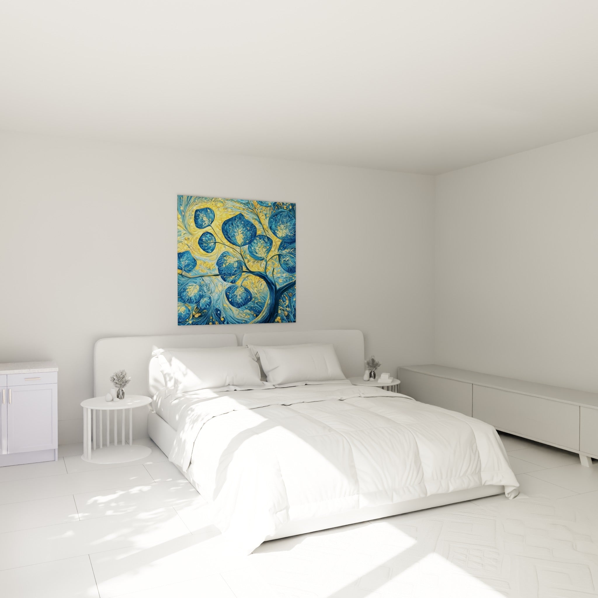 Feuilles d'eucalyptus bleues et jaunes dorées, tronc sinueux, au-dessus d'un lit dans une chambre claire
