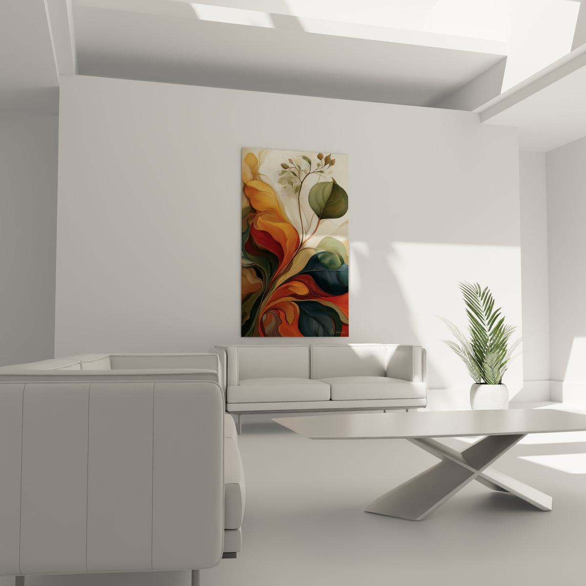 Branche d'eucalyptus terracotta et bleu marine placée au-dessus d'un canapé dans un salon lumineux