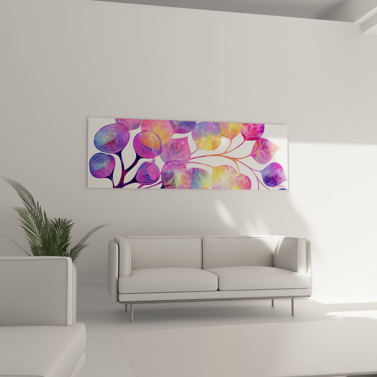 Feuillage d'eucalyptus violet et orangé aux motifs cosmiques, au-dessus d'un canapé dans un salon lumineux