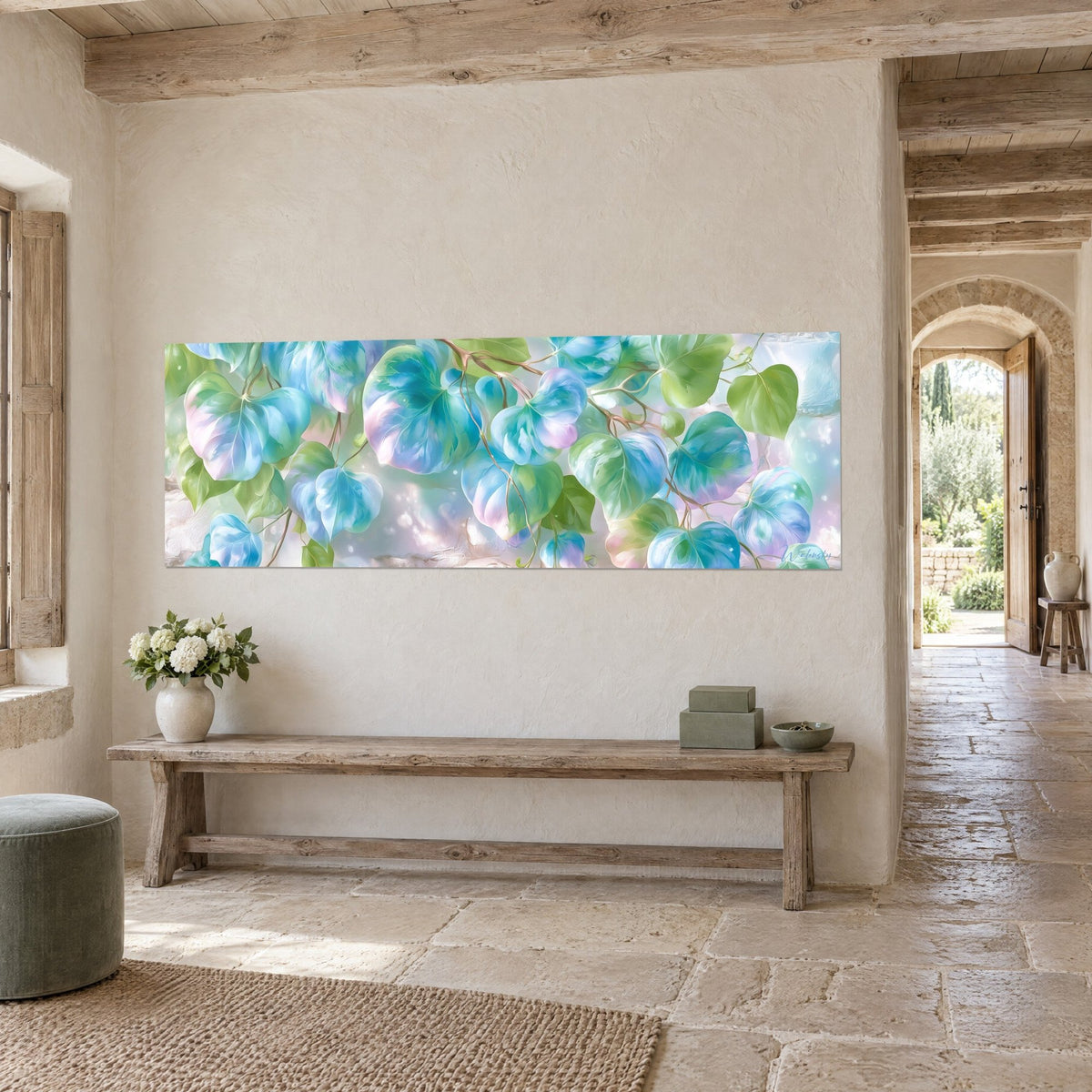 Wall art iridescent foliage on brown stems, lagoon blue and apple green, hung above a wooden bench, stone house