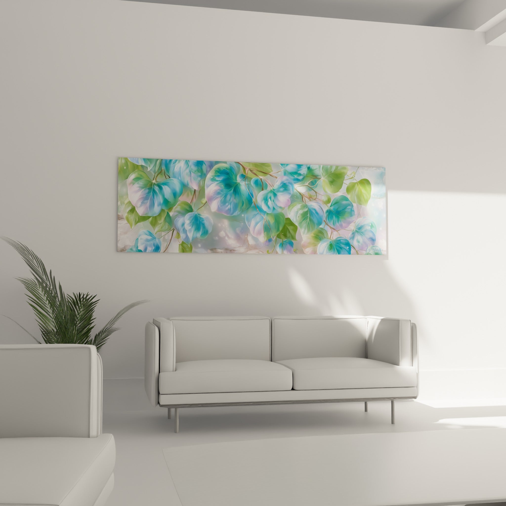 Feuillage Eucalyptus turquoise et rosé disposé au-dessus d'un canapé dans un salon lumineux