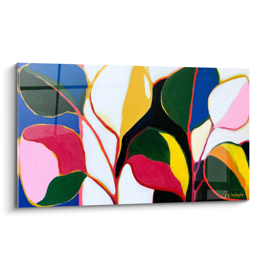 Tableau Feuillage abstrait rose et bleu vibrant - Éveil végétal - Edition Eucalyptus