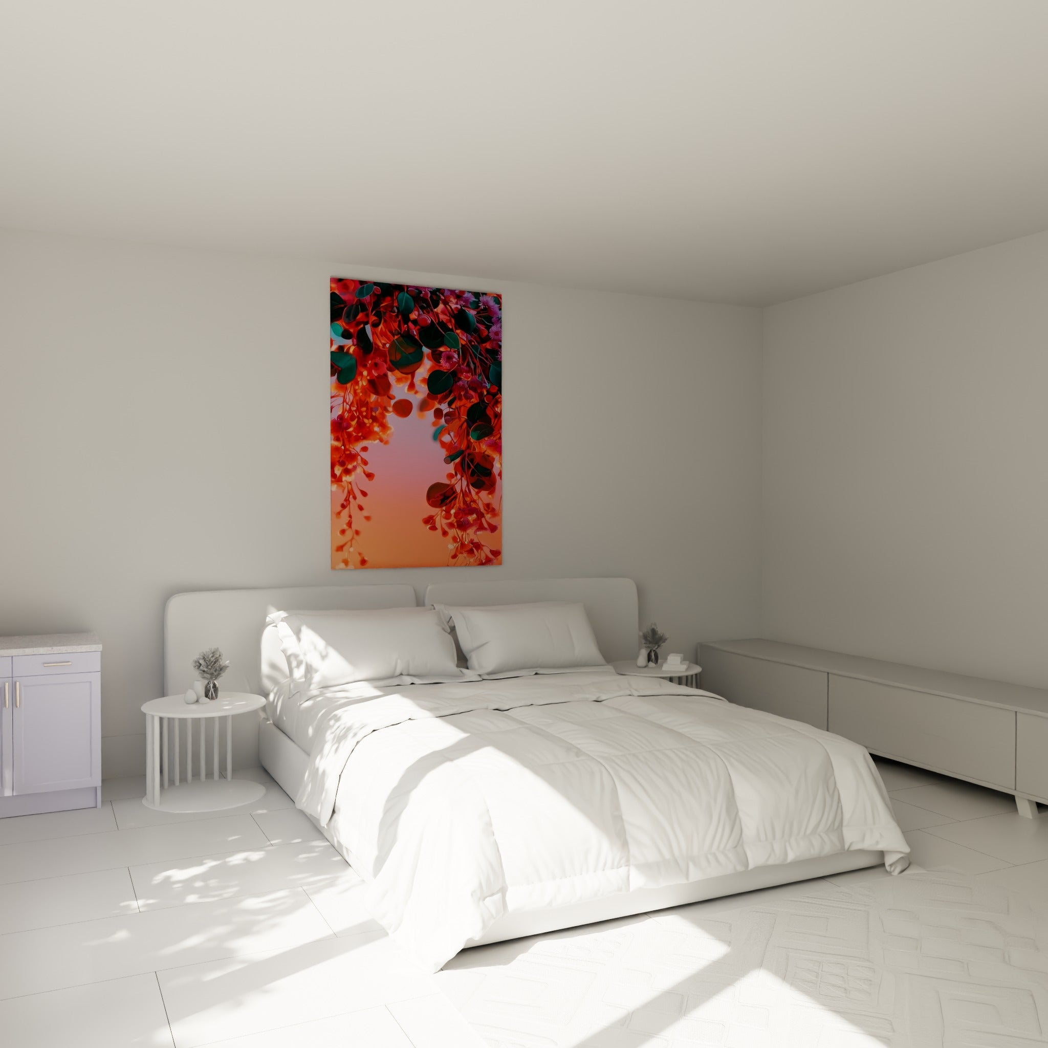 Eucalyptus fleuri en orange et pourpre accroché au-dessus d'un lit dans une chambre claire