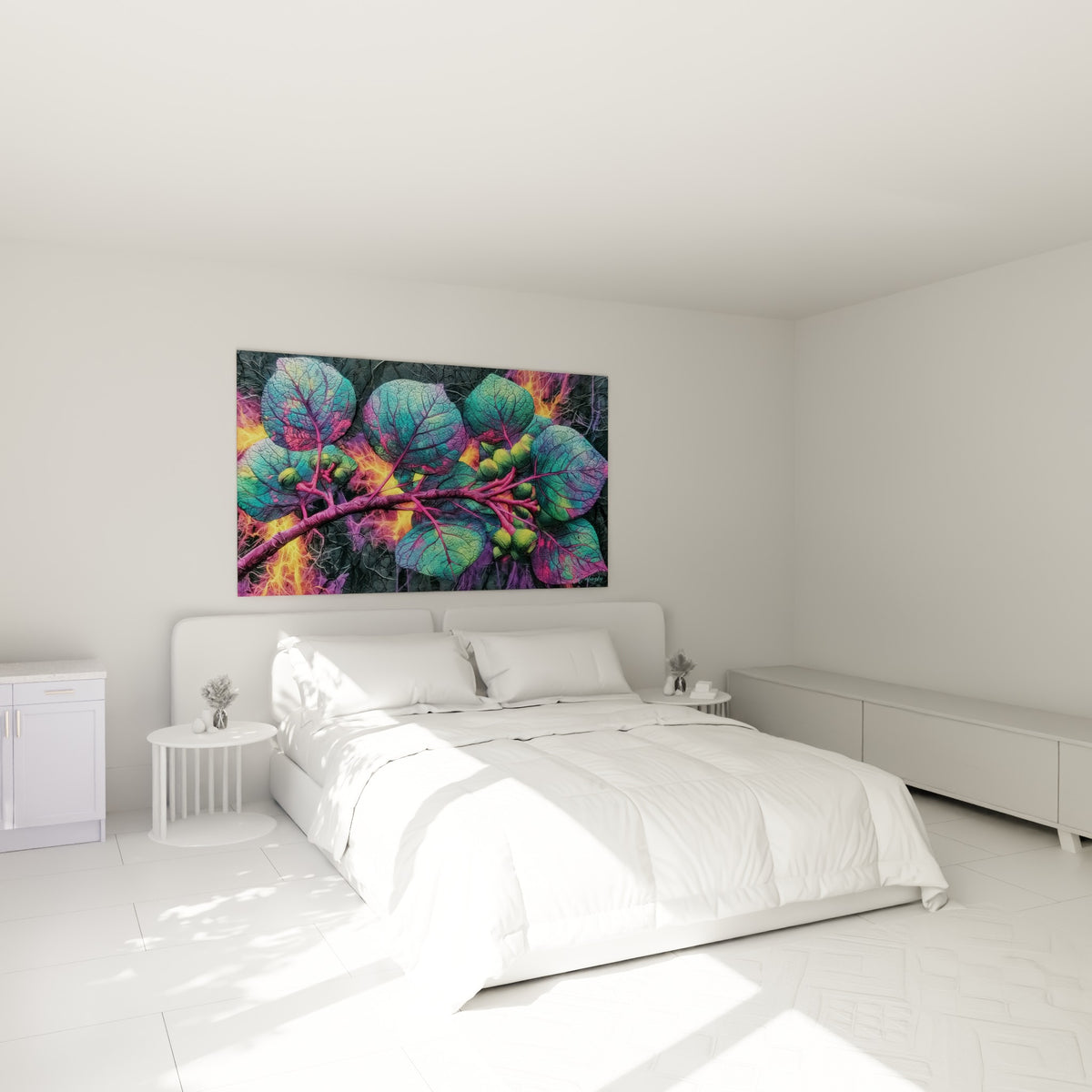 Feuillage d'eucalyptus vert émeraude et rose accroché au-dessus d'un lit dans une chambre claire