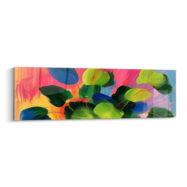 Tableau Feuilles rondes vert et rose sur fond éclatant - Tiges orangées entrelacées - Edition Eucalyptus