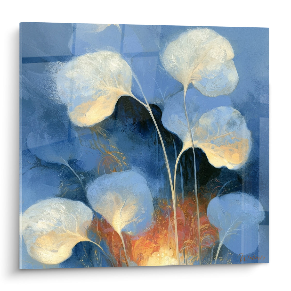 Feuilles rondes bleu pastel et lueur orangée composant le tableau Eucalyptus abstrait