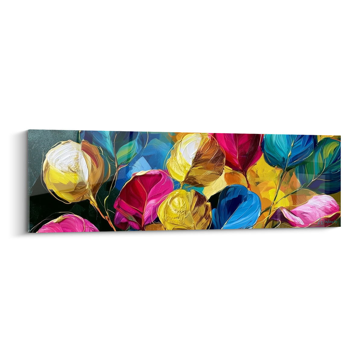 Feuilles rondes bleu marine et magenta peintes à la spatule, tableau Eucalyptus texturé aux accents dorés.