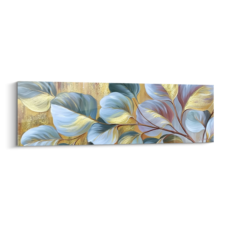 Tableau Feuilles bleu pâle et dorées sur branche - Élégance végétale - Edition Eucalyptus