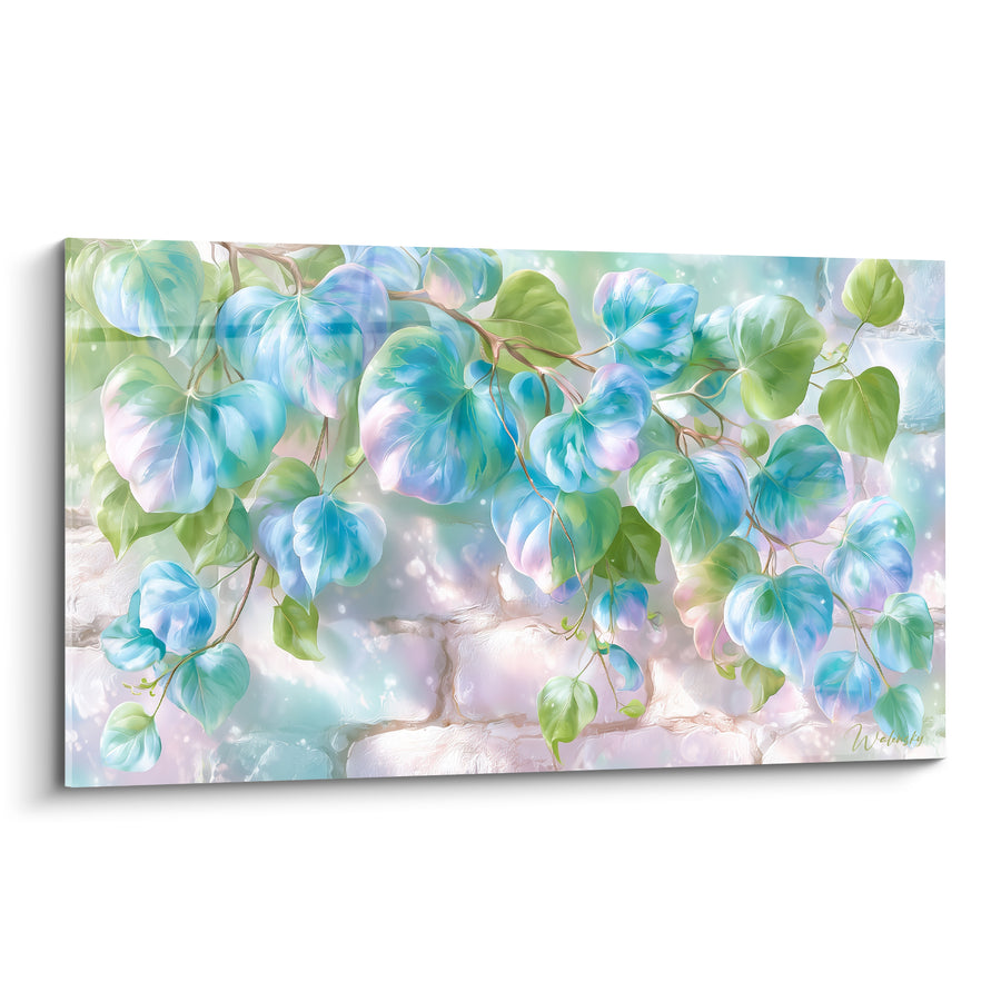 Tableau Feuillage bleu et vert sur pierres nacrées - Rosée matinale - Edition Eucalyptus