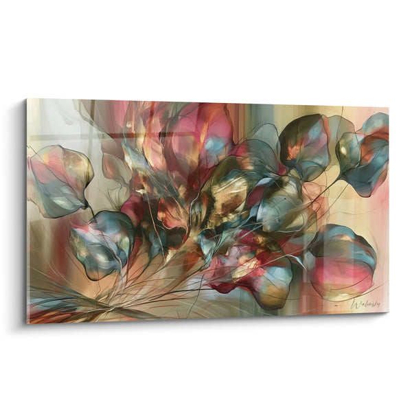 Tableau Feuilles translucides bleu pétrole et bordeaux - Souffle végétal doré - Edition Eucalyptus