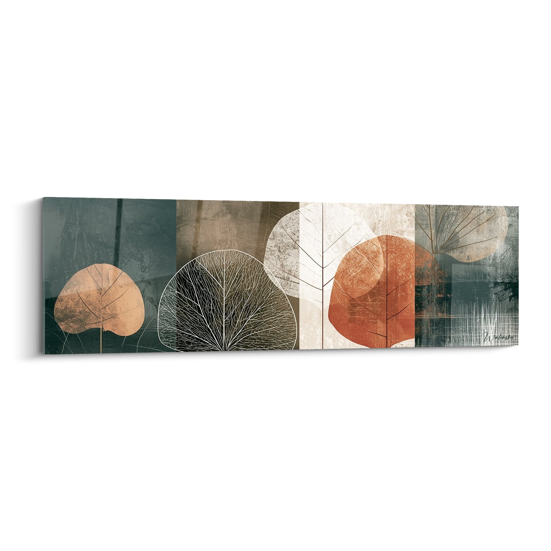 Feuilles rondes en bleu pétrole et terracotta composant le tableau Eucalyptus aux nervures graphiques