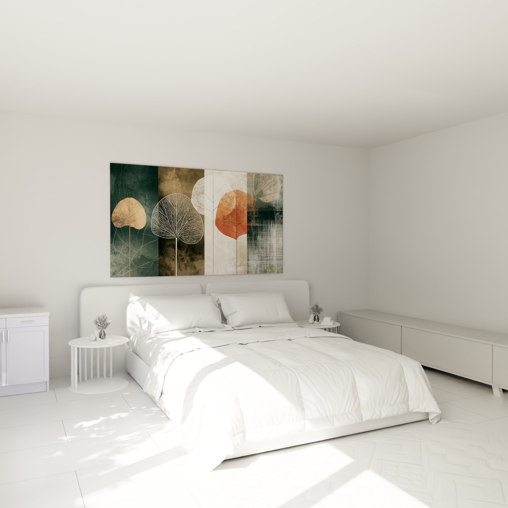 Feuilles graphiques terracotta et bleu marine au-dessus d'un lit dans une chambre claire