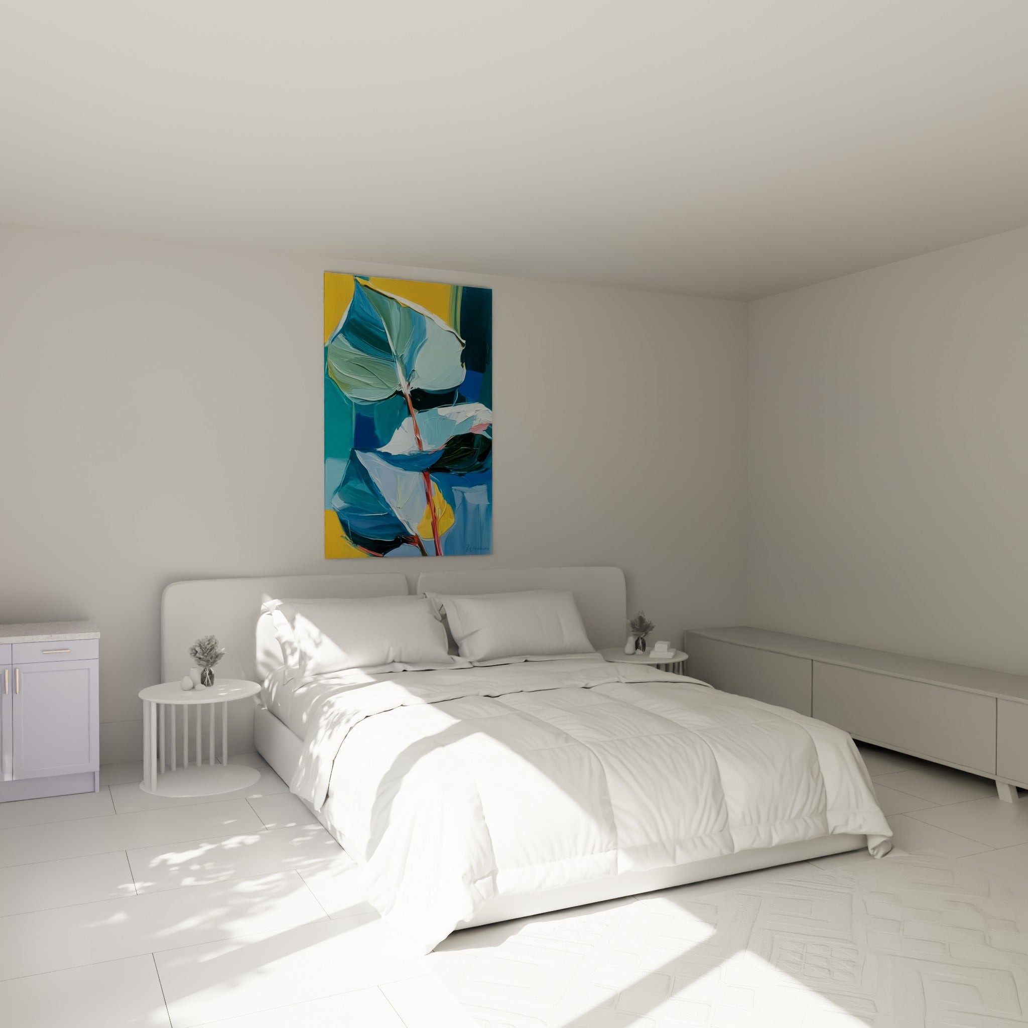 Feuilles Eucalyptus bleu turquoise et jaune moutarde au-dessus d'un lit dans une chambre claire