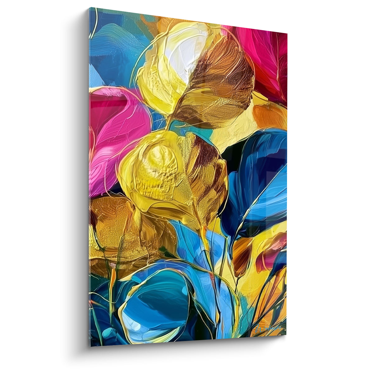 Feuilles Eucalyptus dorées et bleu marine peintes en relief avec touches rose fuchsia vibrantes