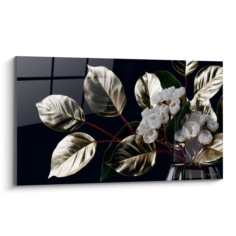 Tableau Feuilles dorées et fleurs blanches en vase - Élégance nocturne - Edition Eucalyptus