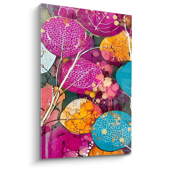 Tableau Feuilles rondes fuchsia et turquoise texturées - Jardin en éclosion - Edition Eucalyptus