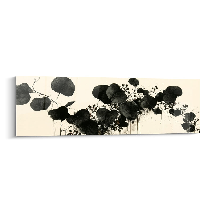 Tableau Feuilles rondes noires et ivoire en grappe suspendue - Baies éparpillées fines tiges - Edition Eucalyptus