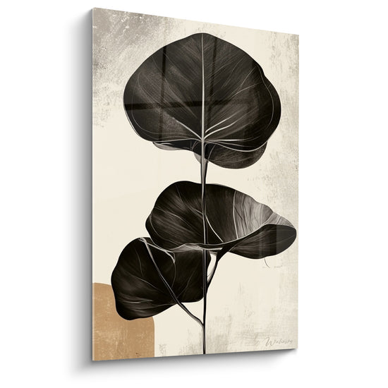 Tableau Feuilles noires aux nervures blanches sur fond ocre - Silence végétal - Edition Eucalyptus