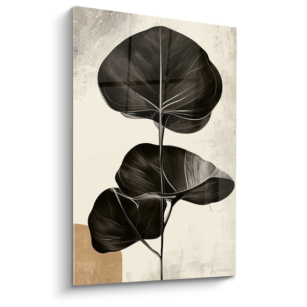 Tableau Feuilles noires aux nervures blanches sur fond ocre - Silence végétal - Edition Eucalyptus