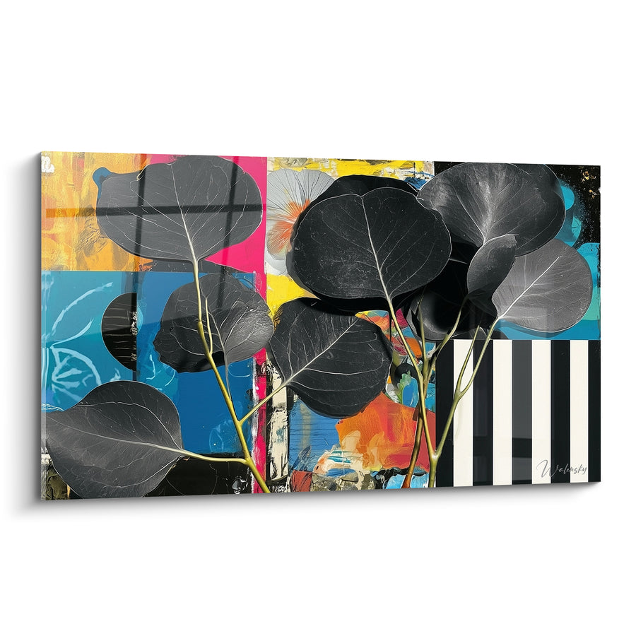 Tableau Feuillage noir sur fond rose et bleu - Collision urbaine - Edition Eucalyptus