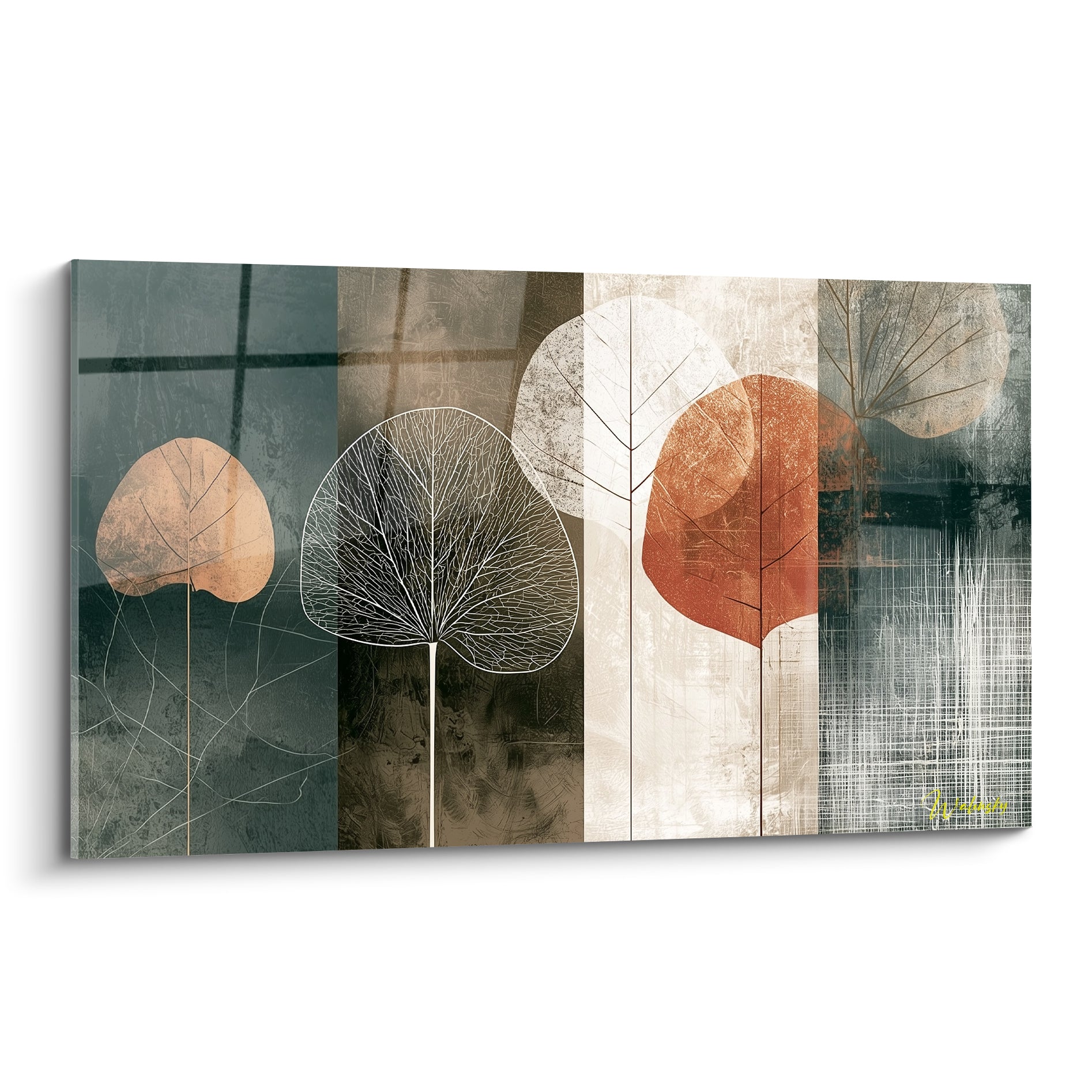 Cinq feuilles rondes ocre, terracotta et anthracite sur fond texturé en bandes verticales