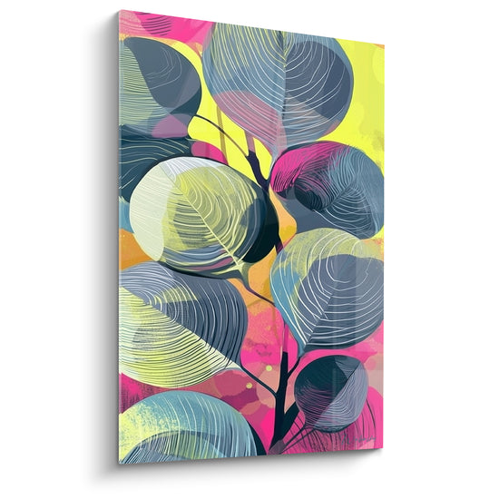 Tableau Feuilles rondes bleu marine et jaune fluo - Fond rose vif - Edition Eucalyptus