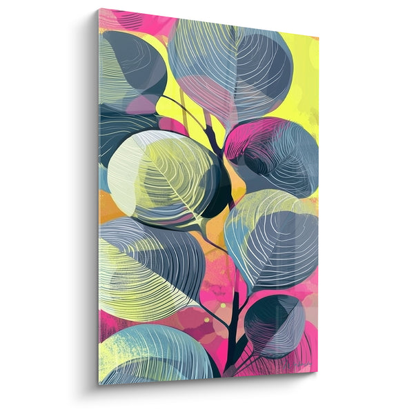 Gemälde Runde Blätter Marineblau und Neon-Gelb - Helle Rosa Hintergrund - Eucalyptus Edition