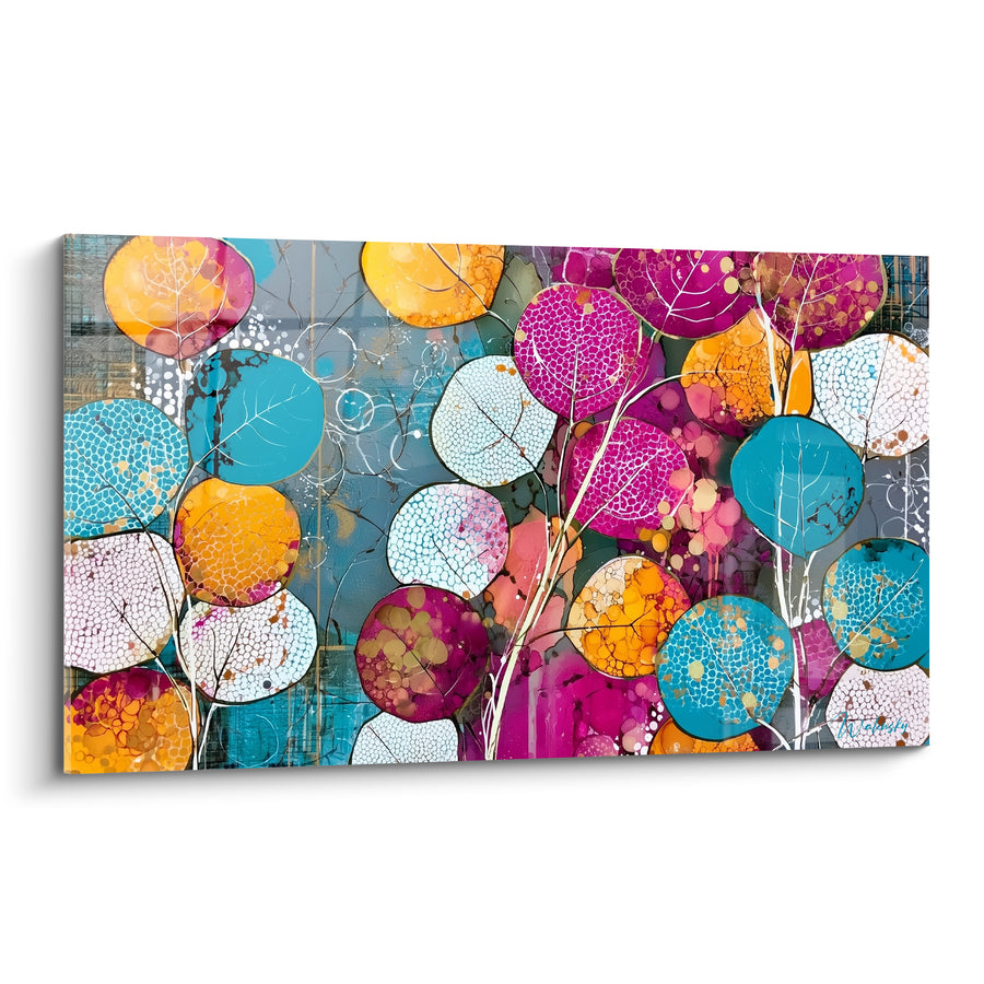 Tableau Feuillage rond turquoise et magenta moucheté - Foisonnement automnal - Edition Eucalyptus