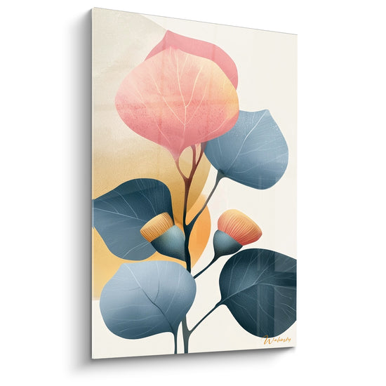 Eucalyptus aux feuilles rose poudré et bleu ardoise, halo doré en arrière-plan, style illustratif