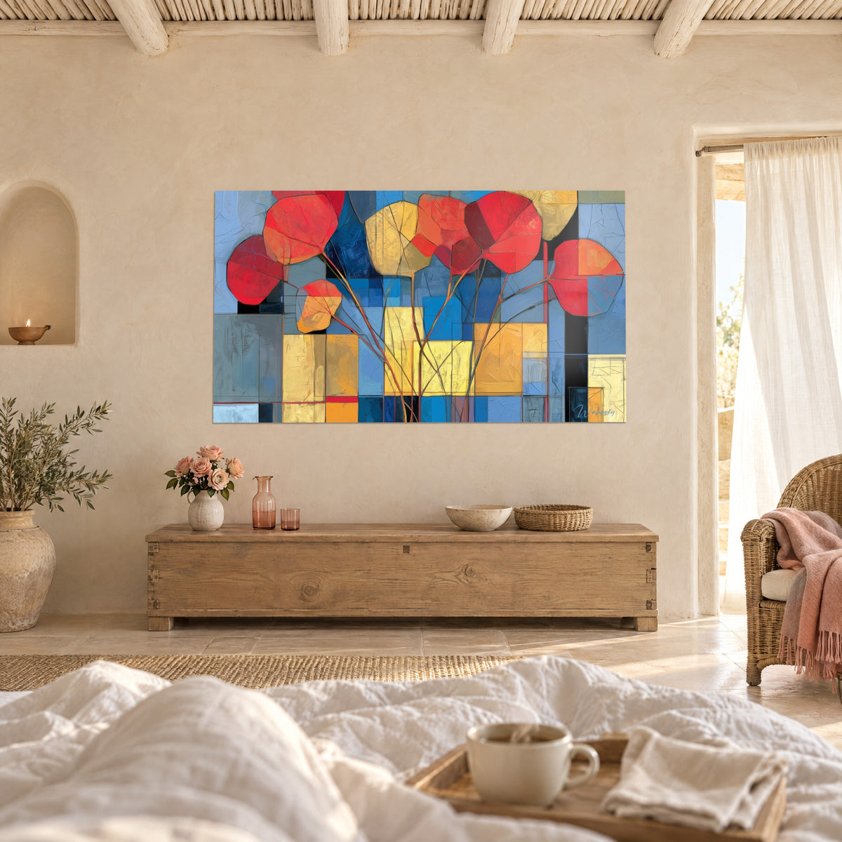 Cuadro de un ramo de hojas redondeadas carmesí y azafrán sobre bloques azul cielo y gris, tallos marrones finos, colgado encima de una cama en un dormitorio luminoso