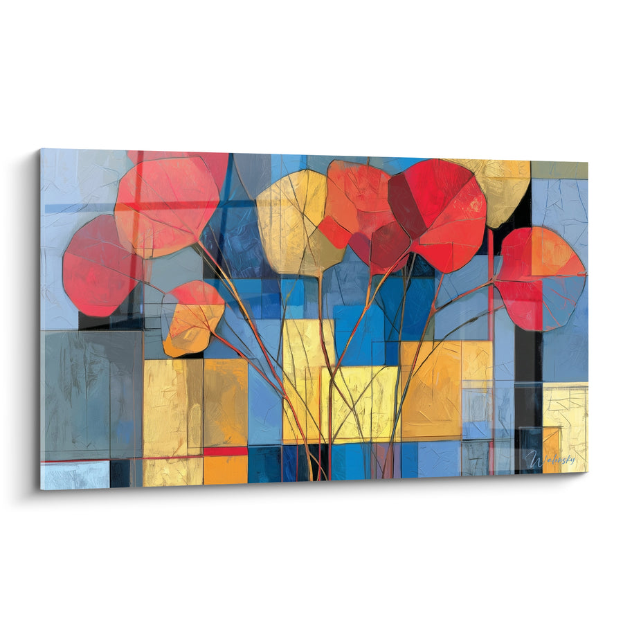 Tableau Feuilles rondes rouges et bleues sur fond géométrique - Tiges fines entrelacées - Edition Eucalyptus