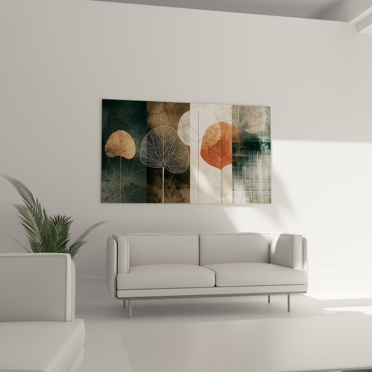 Silhouettes végétales anthracite et ocre au-dessus d'un canapé dans un salon lumineux
