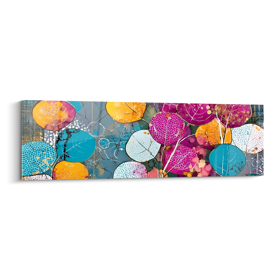Tableau Feuilles rondes turquoise et magenta mouchetées de pois - Nervures blanches ramifiées - Edition Eucalyptus