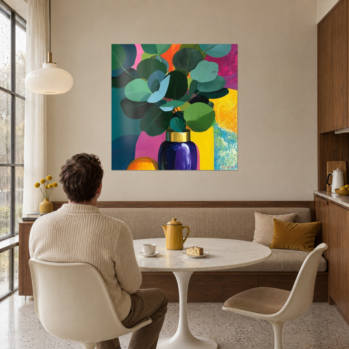 Tableau nature morte aux rameaux vert jade, vase bleu marine à liseré doré, orange en bas à gauche, mur beige d'une salle à manger près d'une grande baie