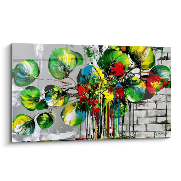 Tableau Feuilles vertes et rouges aux coulures vives - Éclaboussure végétale - Edition Eucalyptus