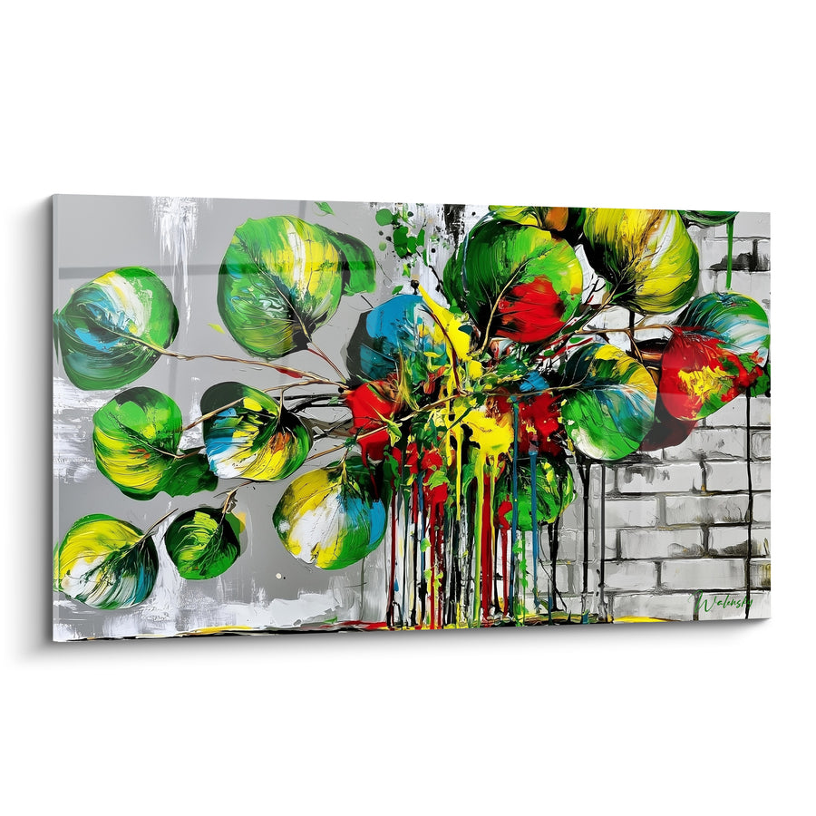 Tableau Feuilles vertes et rouges aux coulures vives - Éclaboussure végétale - Edition Eucalyptus