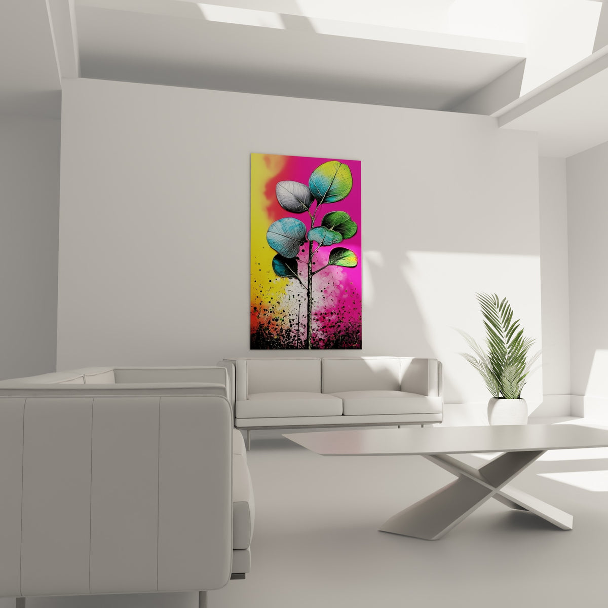 Feuillage d'eucalyptus rose fuchsia et vert citron placé au-dessus d'un canapé dans un salon lumineux
