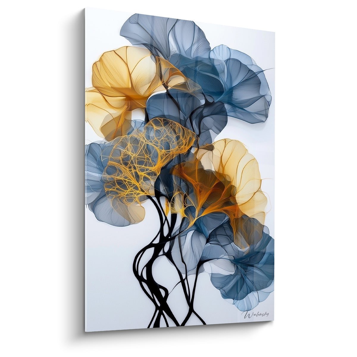 Pétales translucides bleu marine et dorés d'Eucalyptus déployés sur fond blanc immaculé