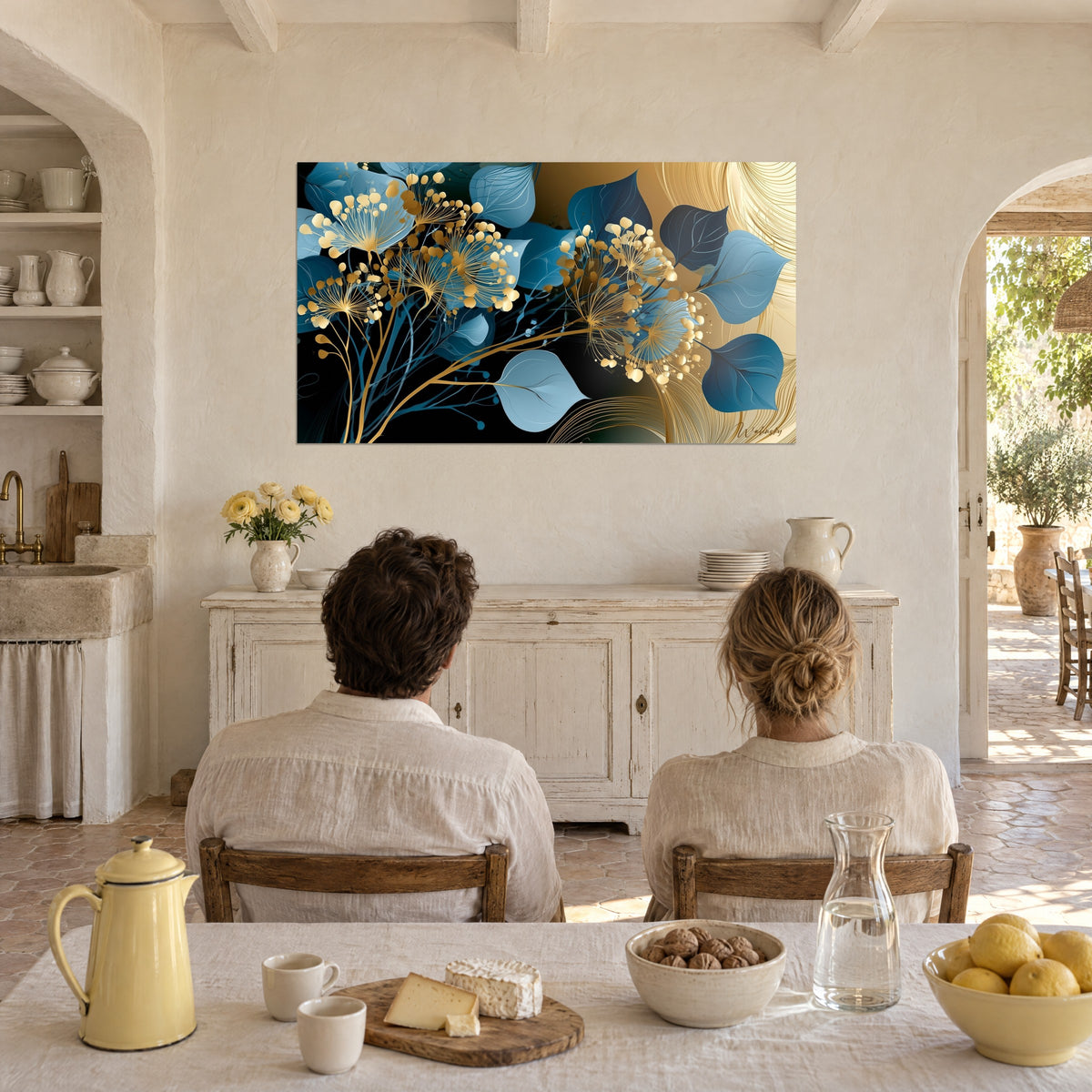 Tableau éclosion de fleurs dorées et feuilles bleu azur sur fond noir et or, un couple de dos, salon provençal ensoleillé