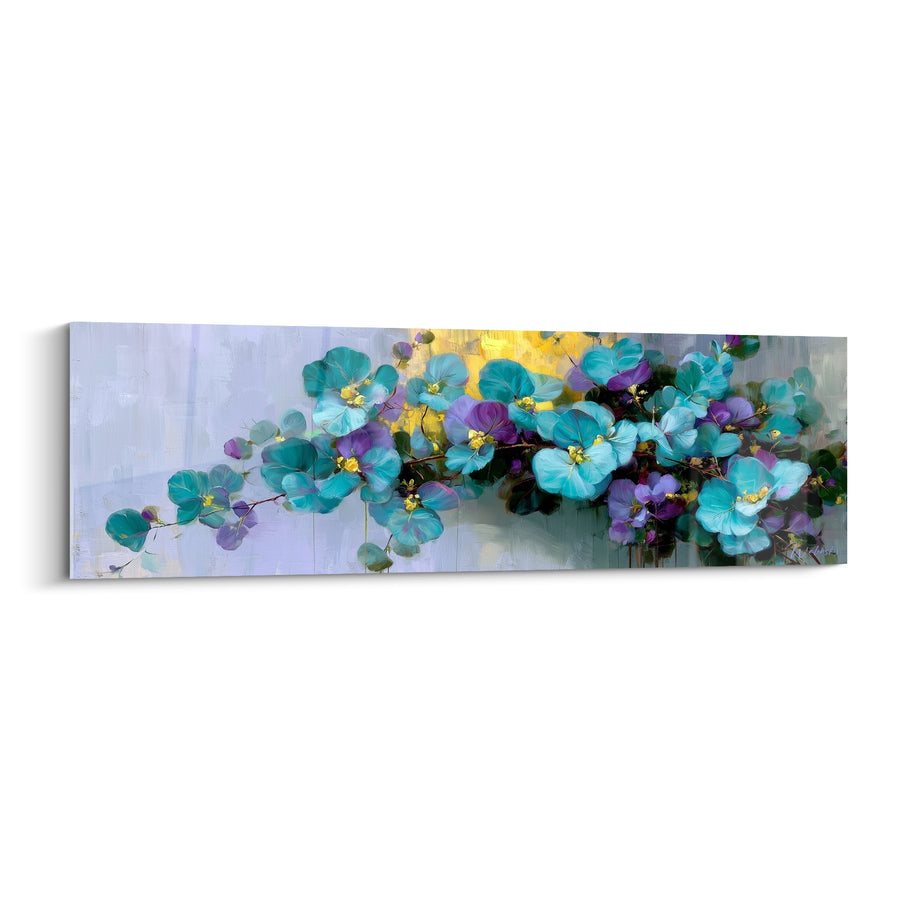 Tableau Branche de fleurs turquoise et violettes - Éveil du jardin - Edition Eucalyptus