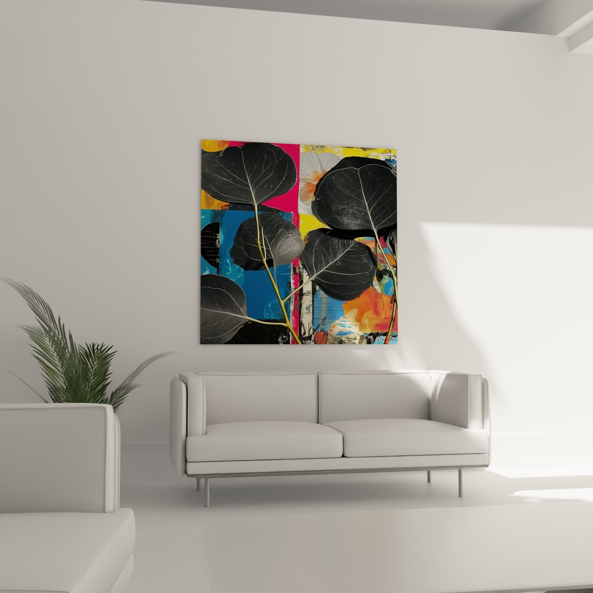 Feuillage sombre d'Eucalyptus sur fond jaune et orange, disposé au-dessus d'un canapé dans un salon lumineux