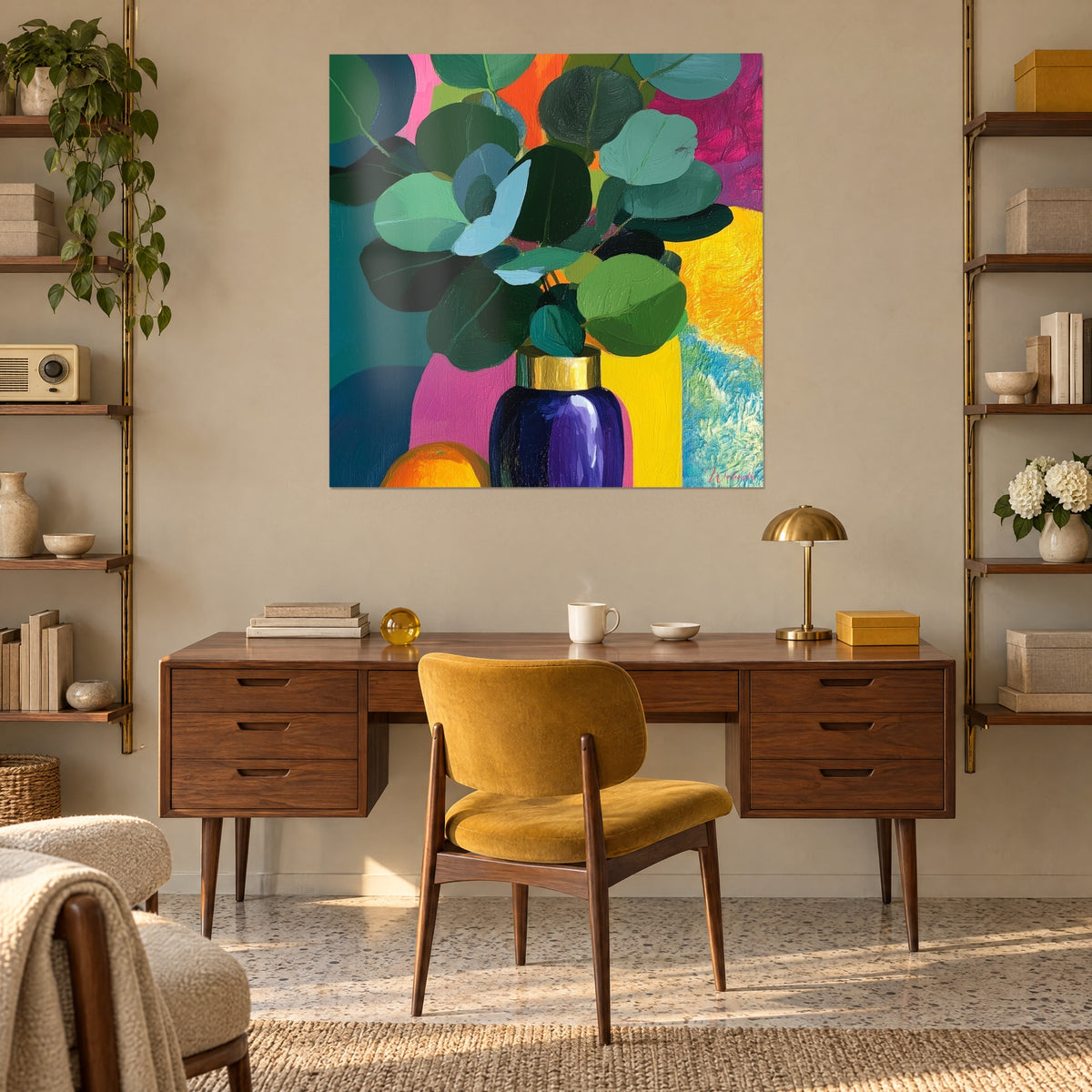 Tableau feuillage généreux vert forêt et bleu glacier, bouteille violette au col or, fond rose et orangé, au-dessus d'un bureau en bois et d'un fauteuil moutarde