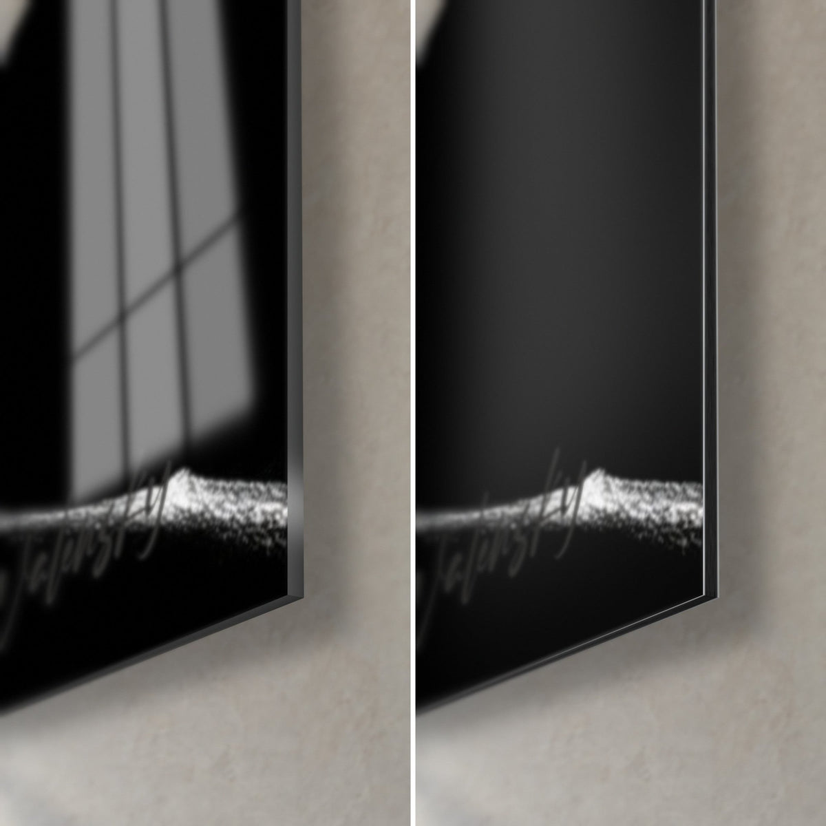 Wall art monochrome eucalyptus foliage, bottom right corner: glossy deep black acrylic glass on the left, matte grey Dibond on the right, 3 mm edge