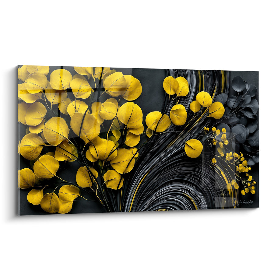 Tableau Feuilles jaunes et anthracite en tourbillon - Tourbillon doré - Edition Eucalyptus