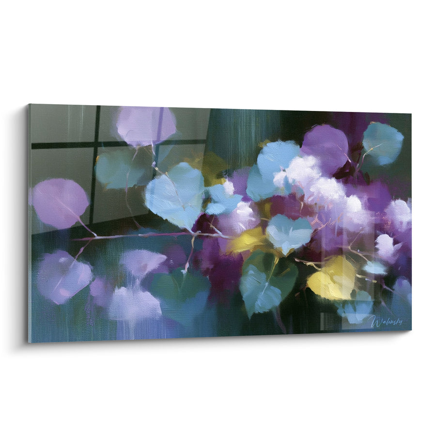 Tableau Feuilles rondes mauves et bleu pâle près d'une fenêtre - Reflets de vitrage sombre - Edition Eucalyptus