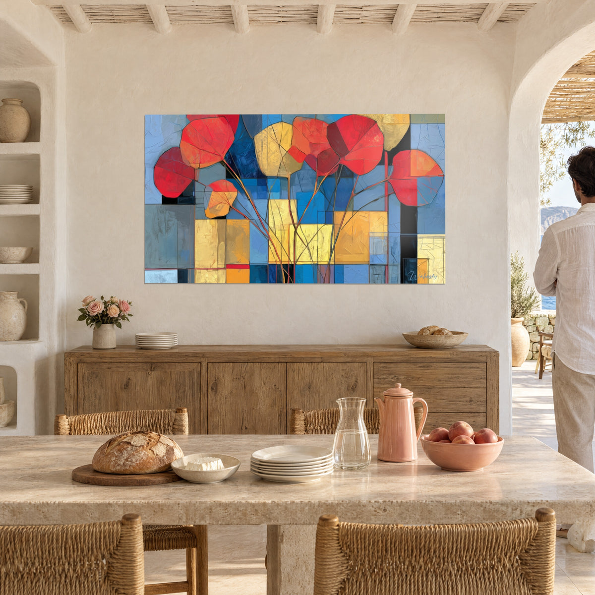 Cuadro de composición abstracta de hojas rojas sobre un tablero de ajedrez azul y amarillo pálido, tallos cruzados, pared blanca, comedor y aparador de madera