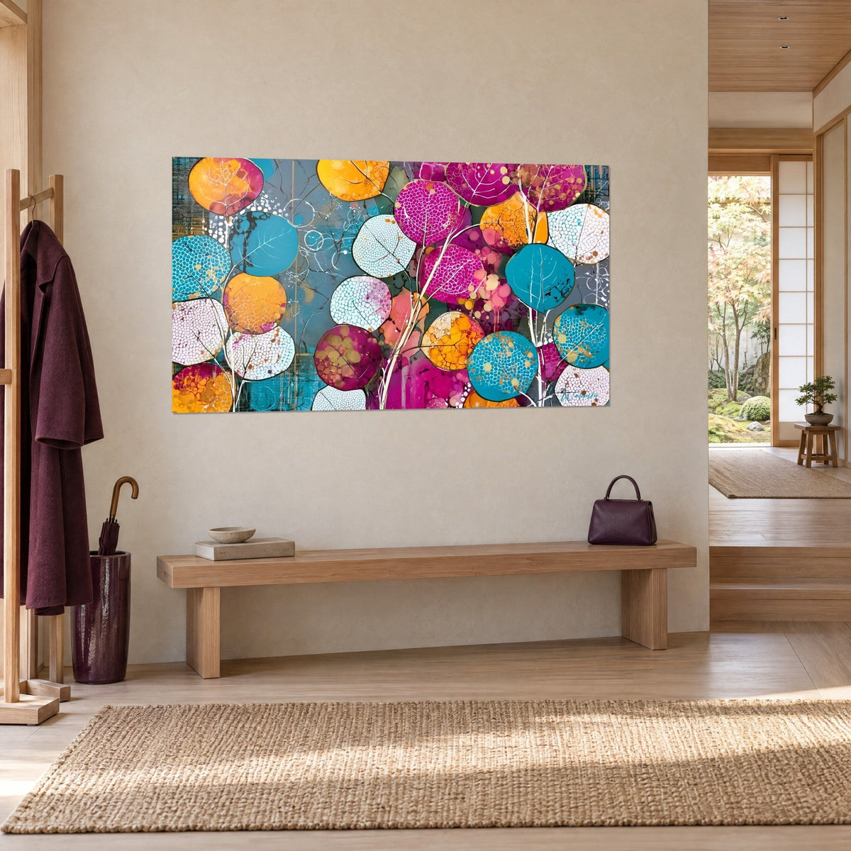 Schilderij van eucalyptus met moiré magenta en saffraangele schijven, witte stengels, opgehangen aan een beige muur naast een houten bank