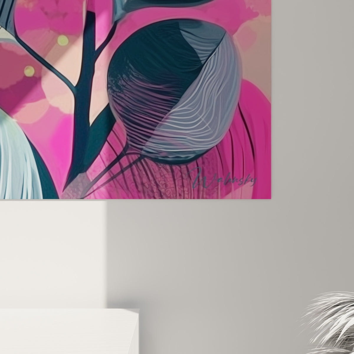 Détail des nervures fines et coulures colorées du tableau eucalyptus, jaune et fuchsia entremêlés