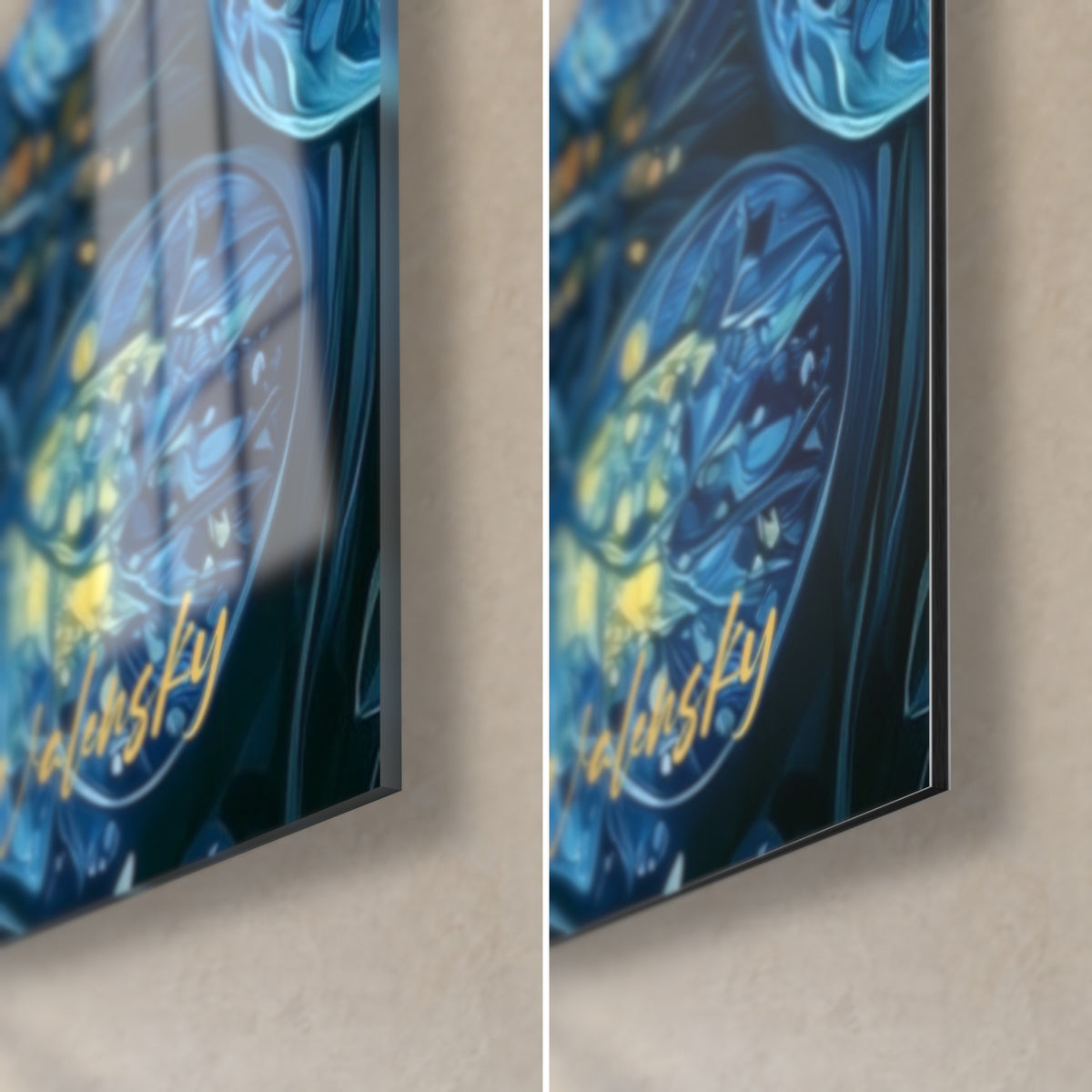 Gemälde Baum in Blau und Gold, untere rechte Ecke: glänzendes Acrylglas mit Reflexen links, matter Dibond-Alu rechts, 3 mm Stärke